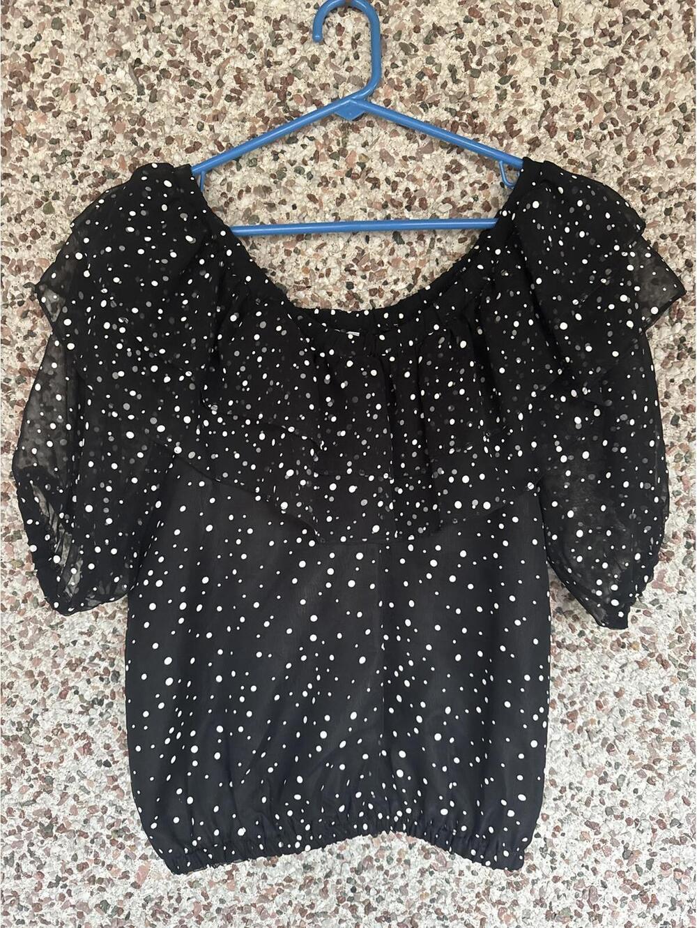 Vintage Cristina Black Polka Dot Ruffle Sheer Sleeve Blouse Medium Made in USA